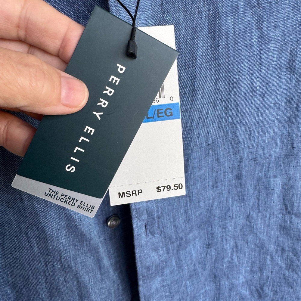 Perry Ellis Linen Blue Mens XL Button Down Short SleeveCoastal Vacation ShirtNWT - Picture 6 of 14